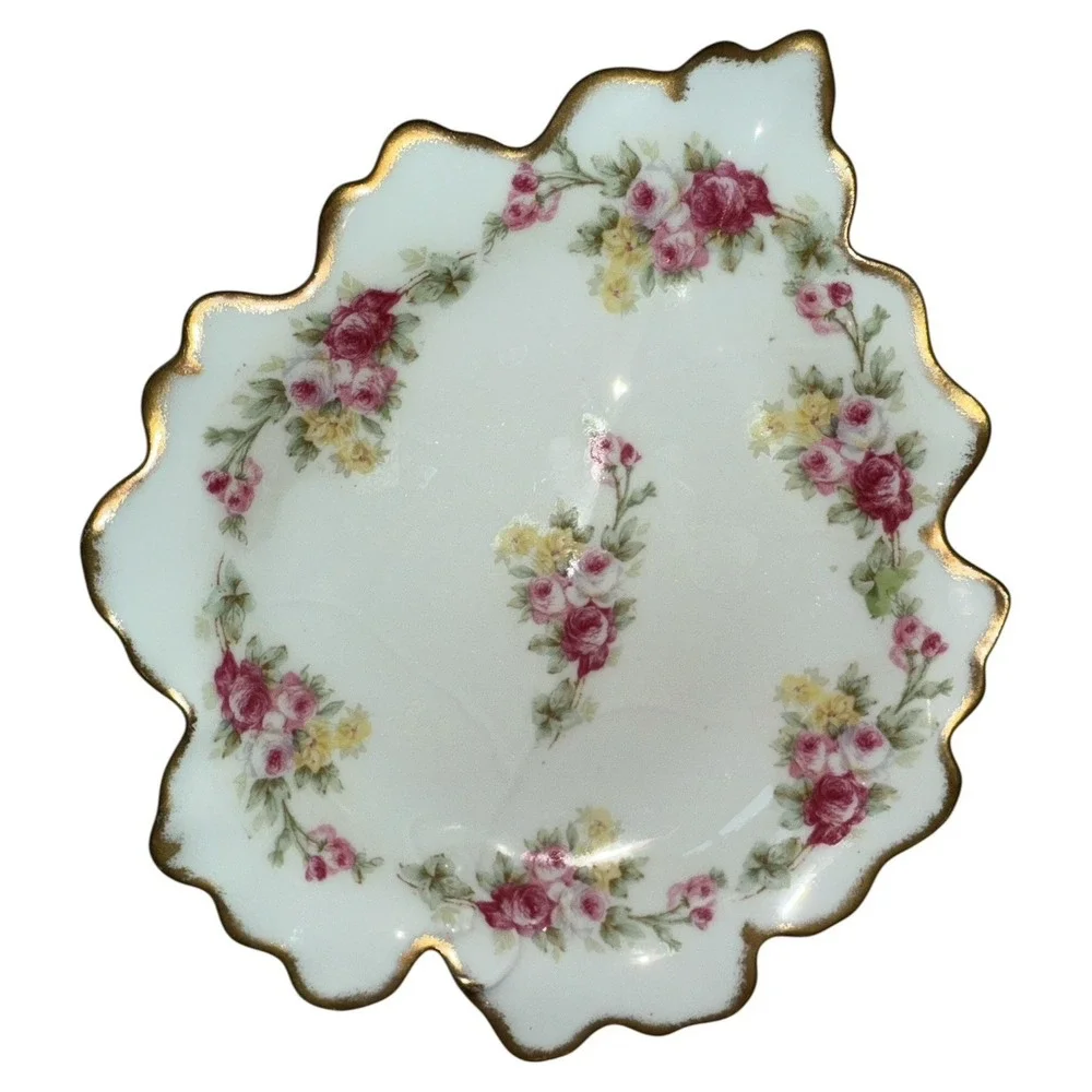 Elite Limoges France 1920 Antique Leaf Trinket Dish Plate Rose Pattern Gold Gild
